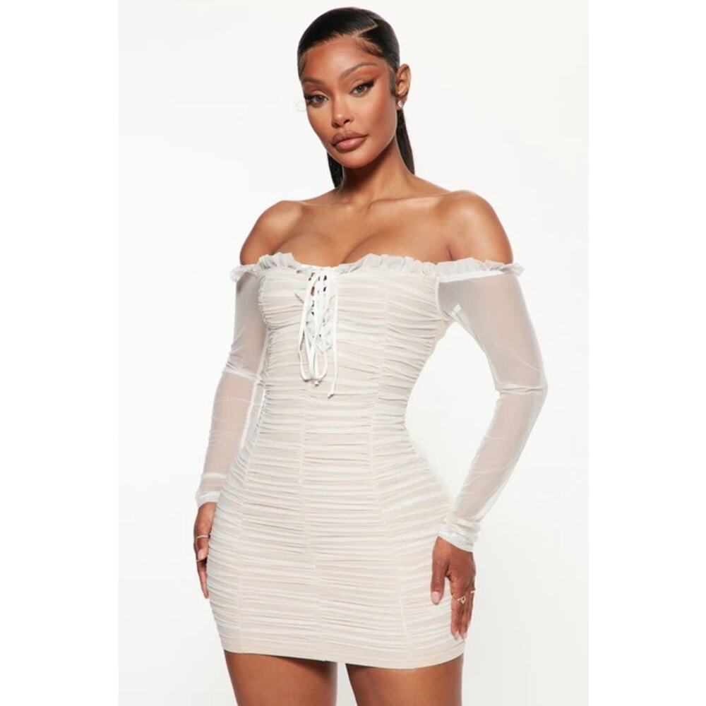 NWT Fashion Nova Maura Mesh Ruched Dress White Size Medium